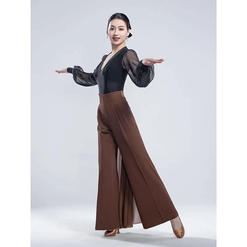 2025 Costumes de danse latine pantalons d'entraînement bleu taille haute maille Patchwork pantalon fluide Chacha Tango Samba vêtements de danse DQL10947