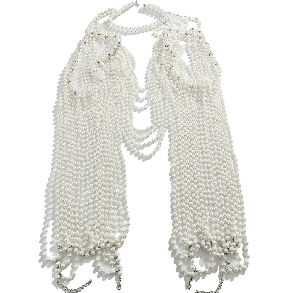 Long Sleeve Collar Shirt Tops Breast Chain Women Hand-woven Plastic Pearls Multi-layer Tops Dress Decoration Wedding Body Chain