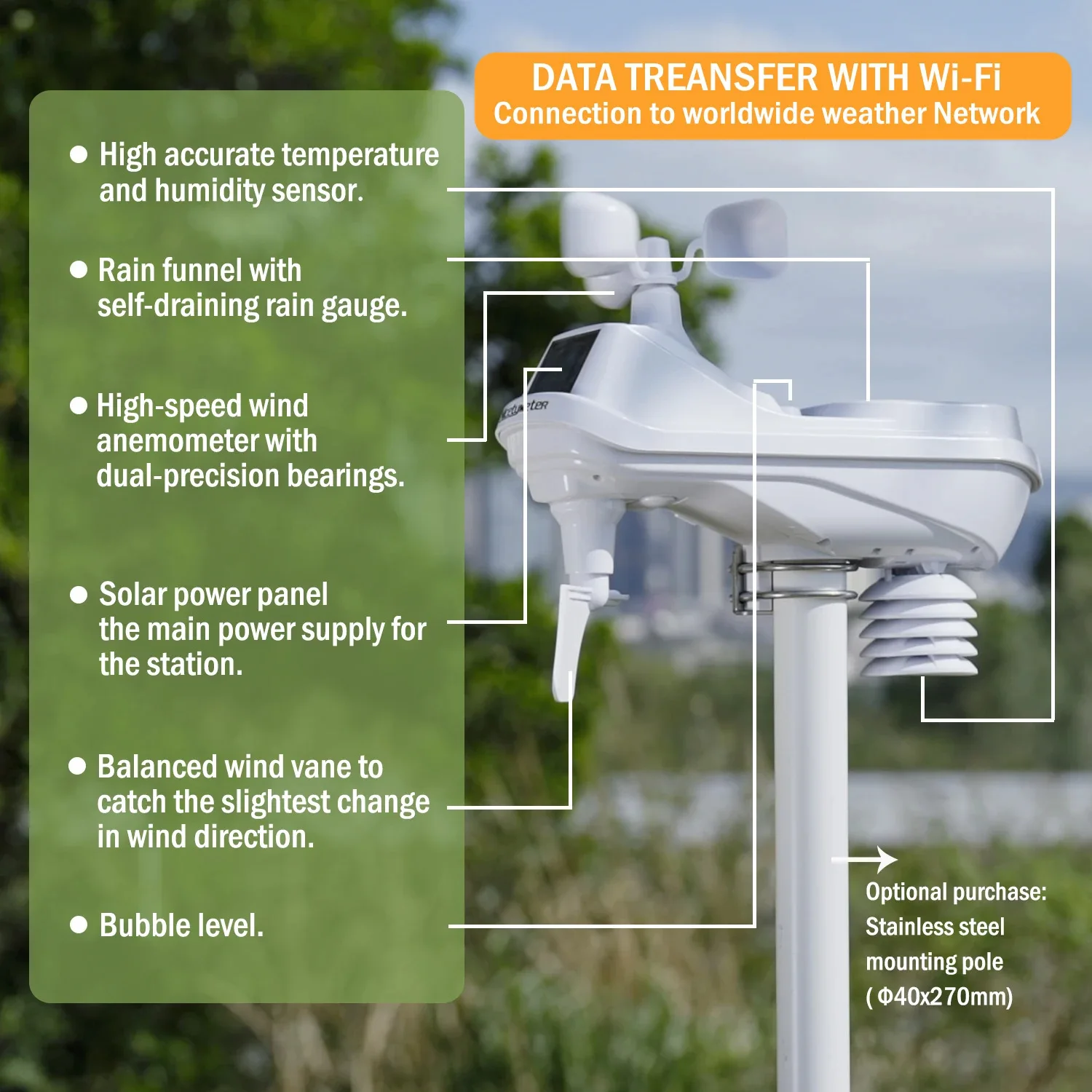Wireless Weather Station 5-in-1 External Machine With Wifi Display, Anemometer, Solar Power Supply, Temperature Measurement