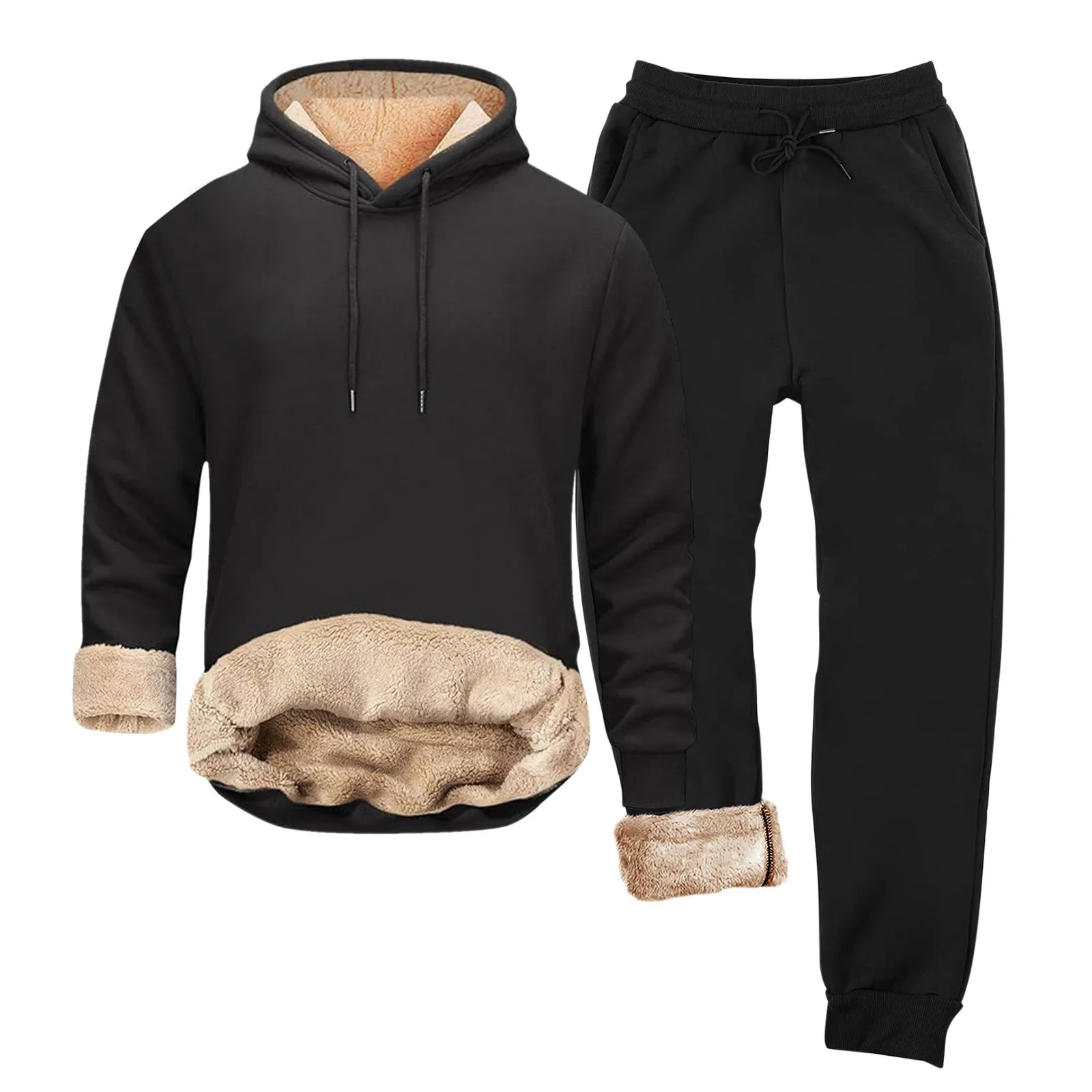 Winter Lambs Wool Lined Sweatshirt And Pants 2Pcs Set For Male Men's Thicken Solid Color Hoodies Top+Elastic Long Trousers Suit