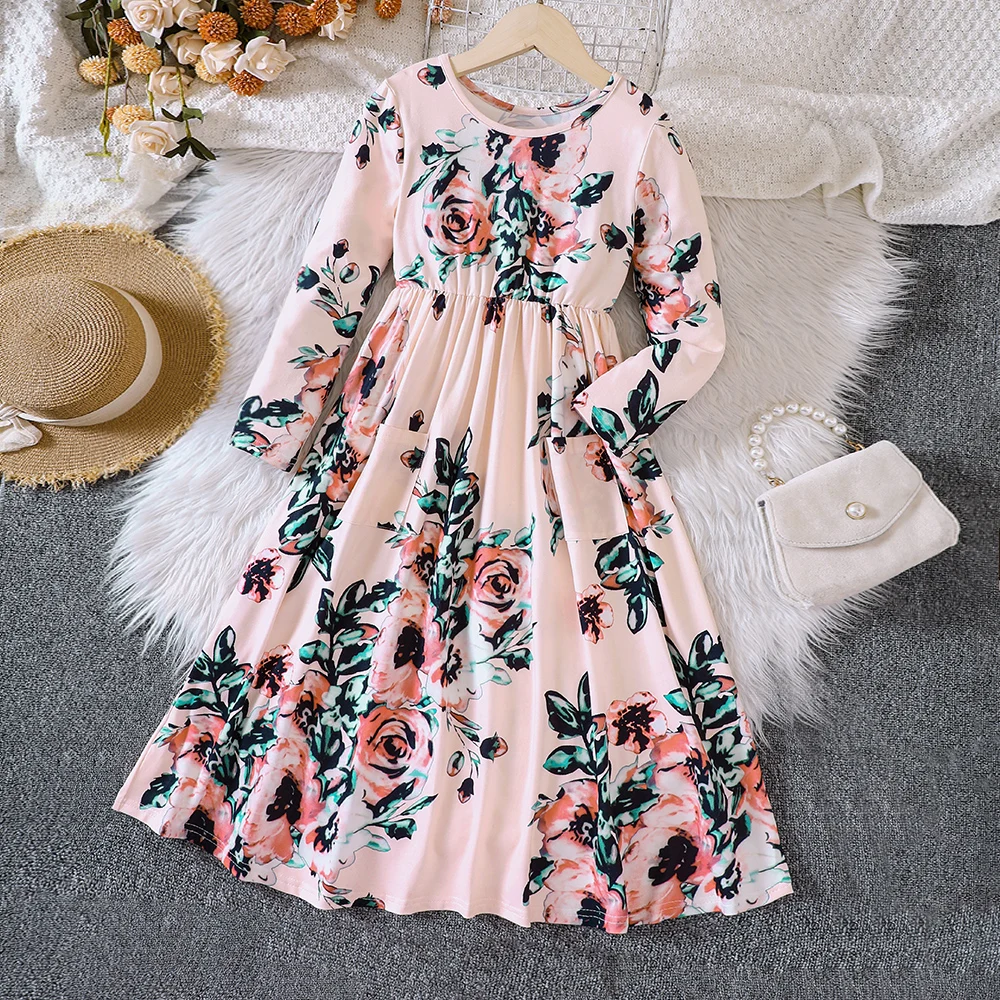 Children\'s New Spring And Autumn Flower Print Long-Sleeved Dress For Girls