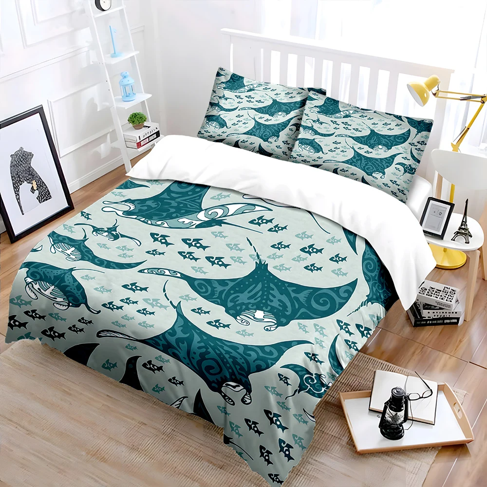Manta rays marine elements Pattern Duvet Cover Set Digital Print Colorful Polyester Bedding with Zipper Closur for kids gifts