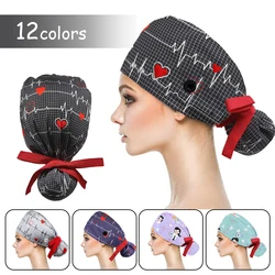 Gorro ajustable con botones para tienda de mascotas, gorro Bouffant con banda para el sudor, gorro de trabajo de belleza, gorro de enfermería para mujeres, gorro de enfermera de pelo largo