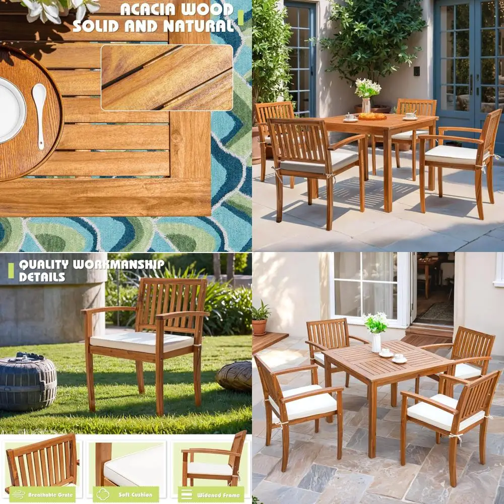 

5 Piece Outdoor Dining Set Acacia Wood Patio Table and Chairs with Sot Cushions Patio urniture or Deck, Backyard, Garden