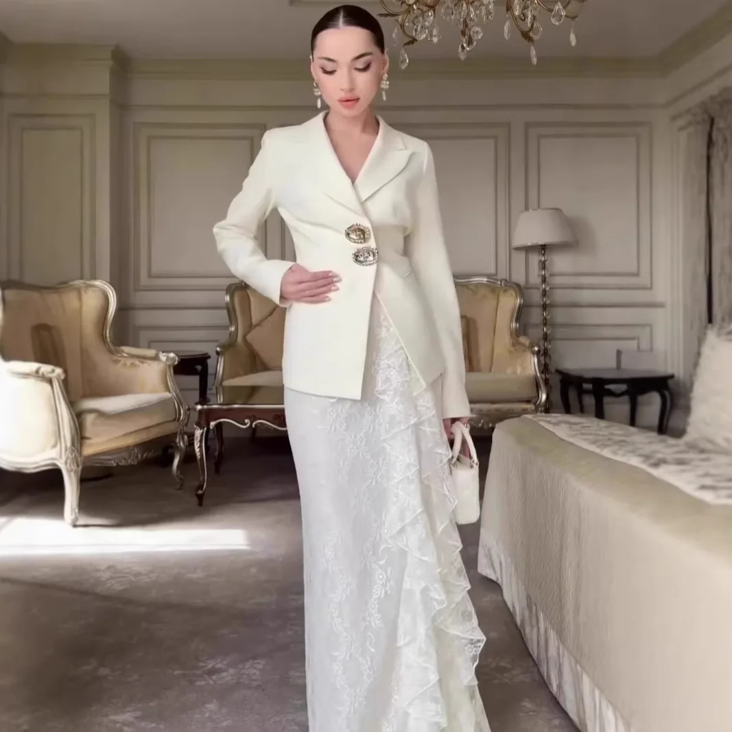 

Elegant Temperament Long Sleeve Button Blazer and Lace High Waist Skirts Party Suit For Lady Offiece Commute Party Outfit