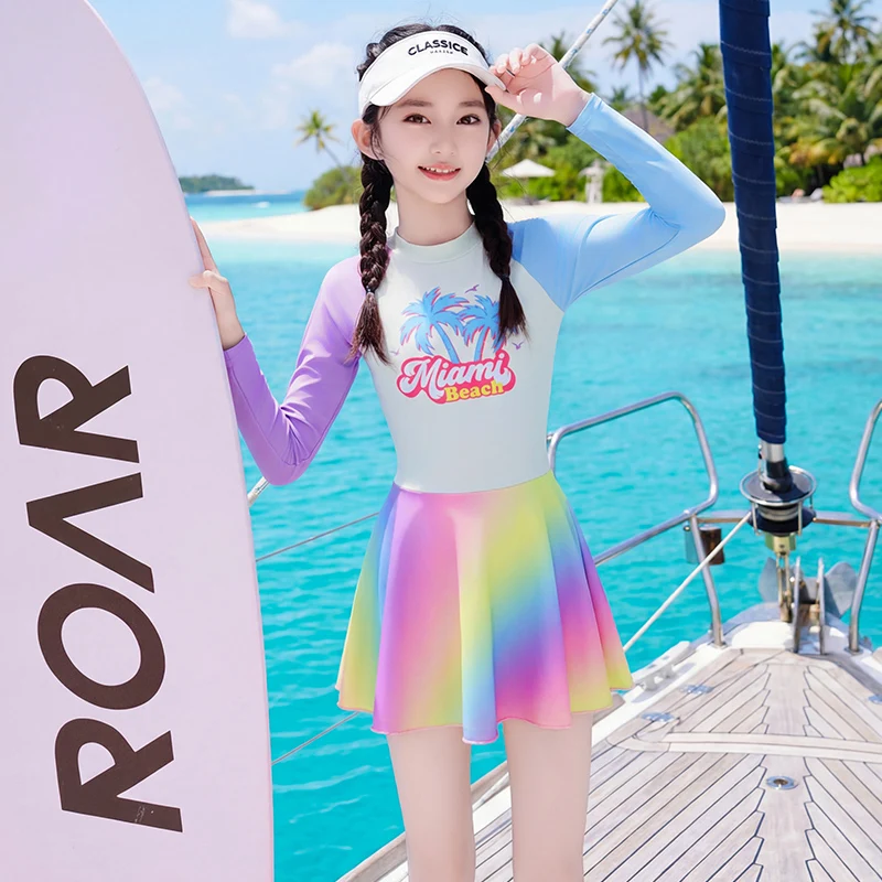

One Piece Swimsuit Girls with Skirt Long Sleeve Summer Swim Dress Sports Kids Bathing Suits Clothes Swimwear for Children