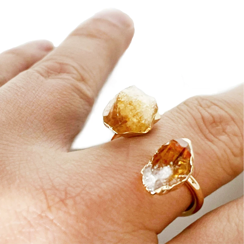 Citrine Open Ring for Women Girls Golden Irregular Handmade Raw Stone Finger Jewelry Adjustable Size