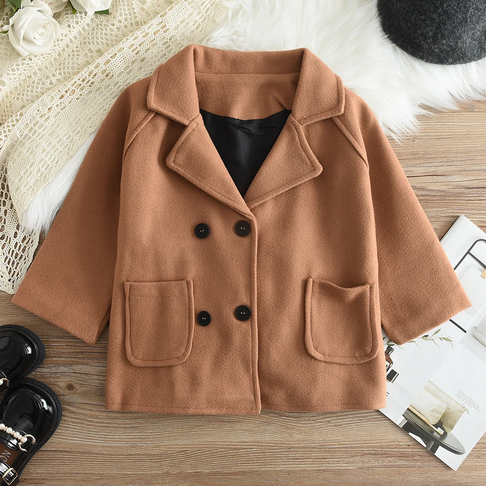 2-6-year-old Children\'s Korean Autumn and Winter Coat Wool Jacket Long Double Breasted Warm Flip Collar Pocket Jacket