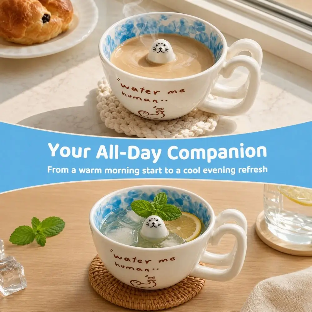 Cartoon Cute Seal Swimming Pool Ceramic Mug Ceramic Penguin Coffee Cup 3D Figure Seal Cup and Saucer Set Gift For Coffee Lover