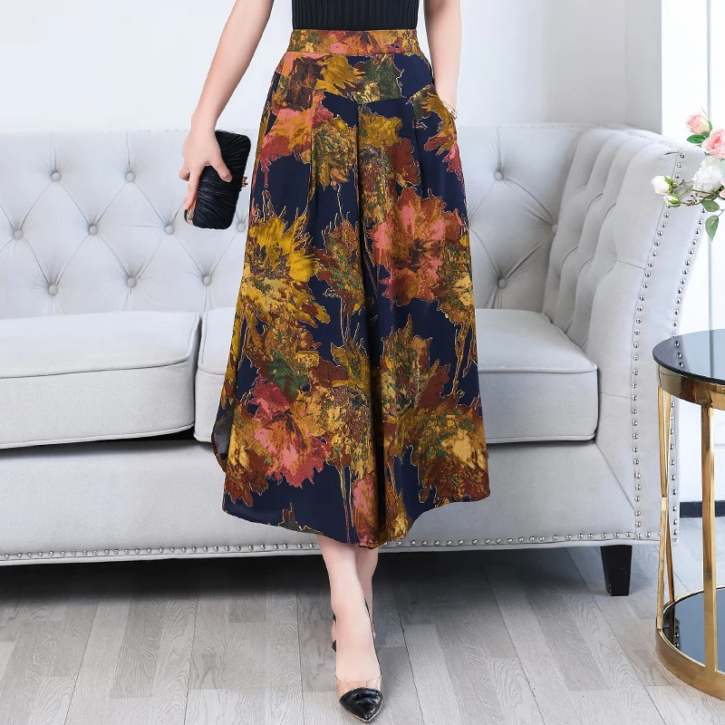 Hot New 2023 Summer Pants Women Casual Loose Elastic Waist Vintage Pant Trousers Women Wide Leg Pants Print Calf-length Pants