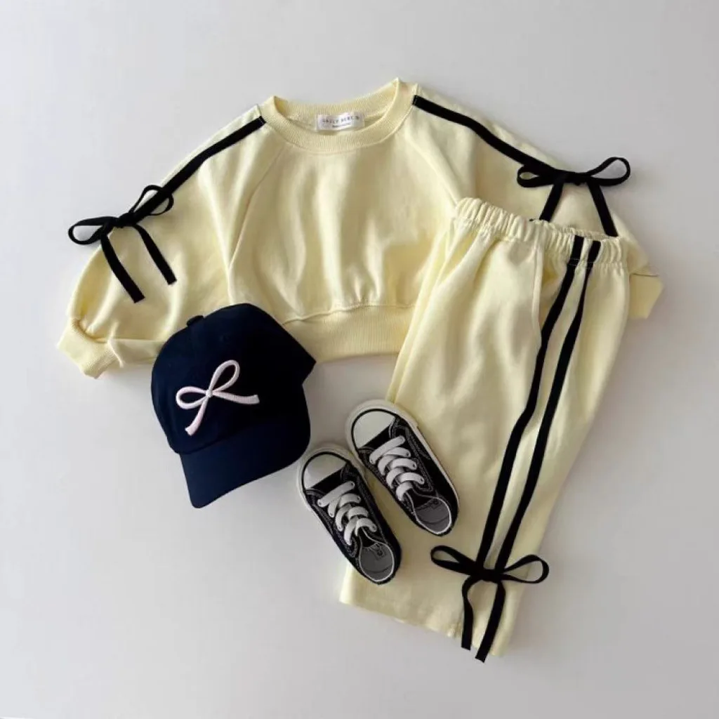 WOOFOO 2026 Baby Clothing Set Spring Autumn Korean Sports Girl's Suit Bow Bar Splicing Sweater +Pant Two-piece Suit