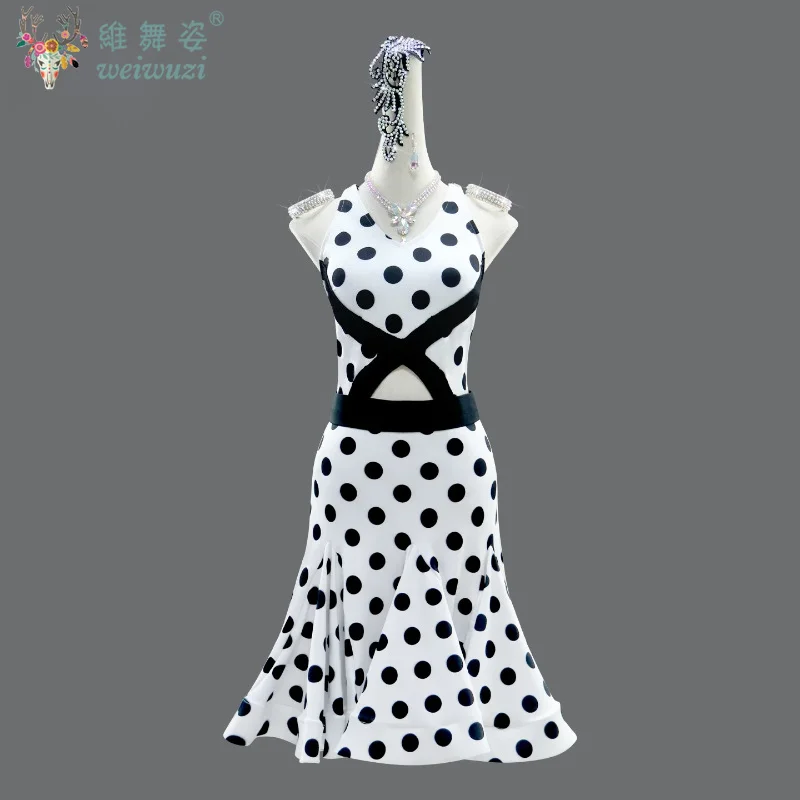 

Latin Dance Competition Show Custom Black White Polka Dots Party Dance Dress Adult Ballroom Rumba Chacha Tango Performance Wear
