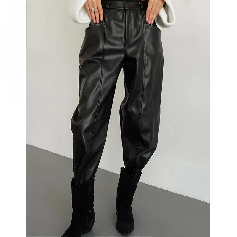 Simple Women PU Faux Leather Pants Solid Color Casual Straight Leg Bottom Cleanfit All-match Loose Female Trousers 2025 Fall