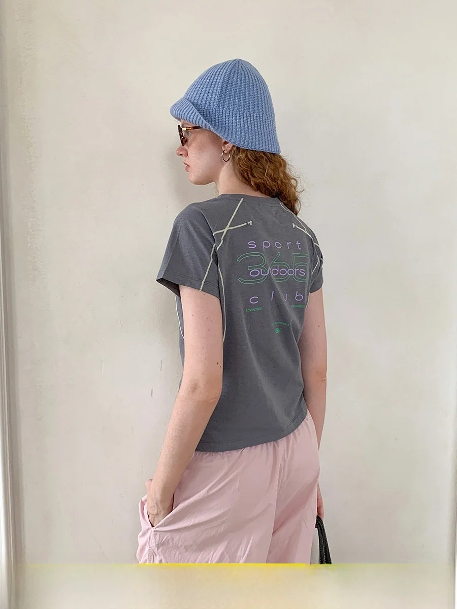 Women's Loose Fit Short Sleeve T-Shirt Breathable Outdoor Casual Square Houlest Antibacterial Polyester round Neck Letter Pat...