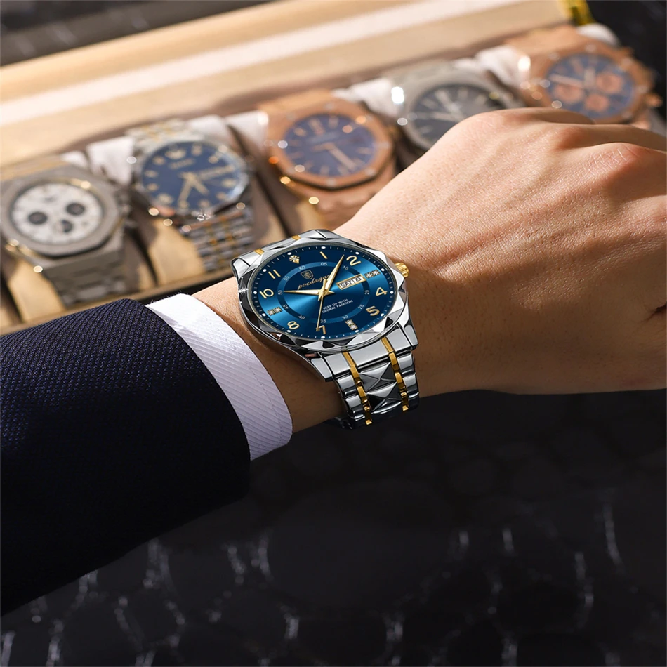 POEDAGAR トップブランド 高級メンズ腕時計 防水 夜光 日付 曜日表示 ステンレススチール クォーツ メンズウォッチ 男性用時計