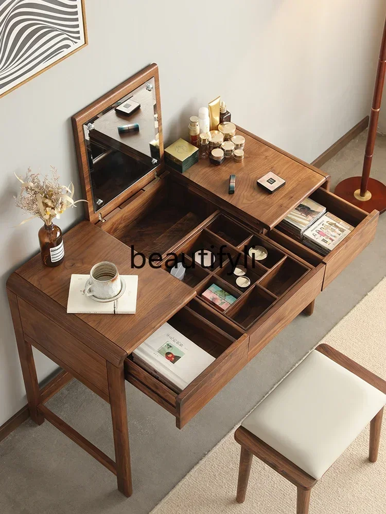 

North American black walnut dresser Nordic solid wood bedroom flip-top mirror dressing table