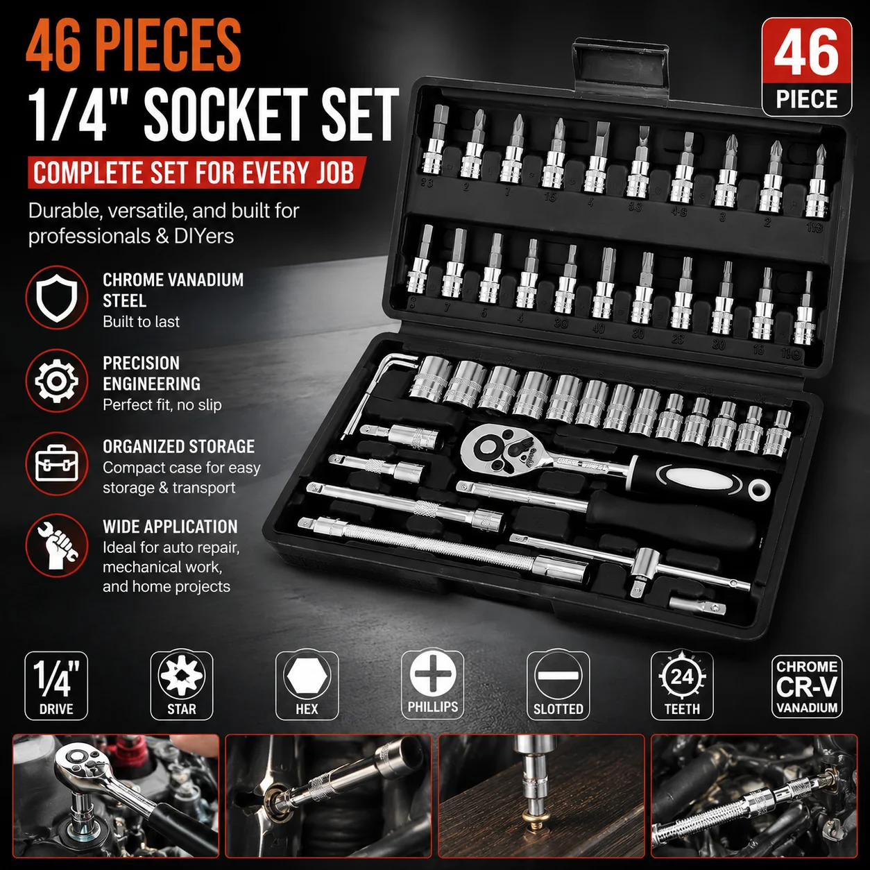 46PCS Socket Ratchet Tool Set 1/4 Inch Drive Spanner Combo with Storage Case for Auto Tire Engine Repair Hand Tool Kit