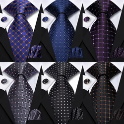Hi-Tie Fashion 8.5cm Black Plaid Dots Men's Elegant Tie Handkerchief Cufflinks Set Wedding Party Accessories Gift for Men Gravat