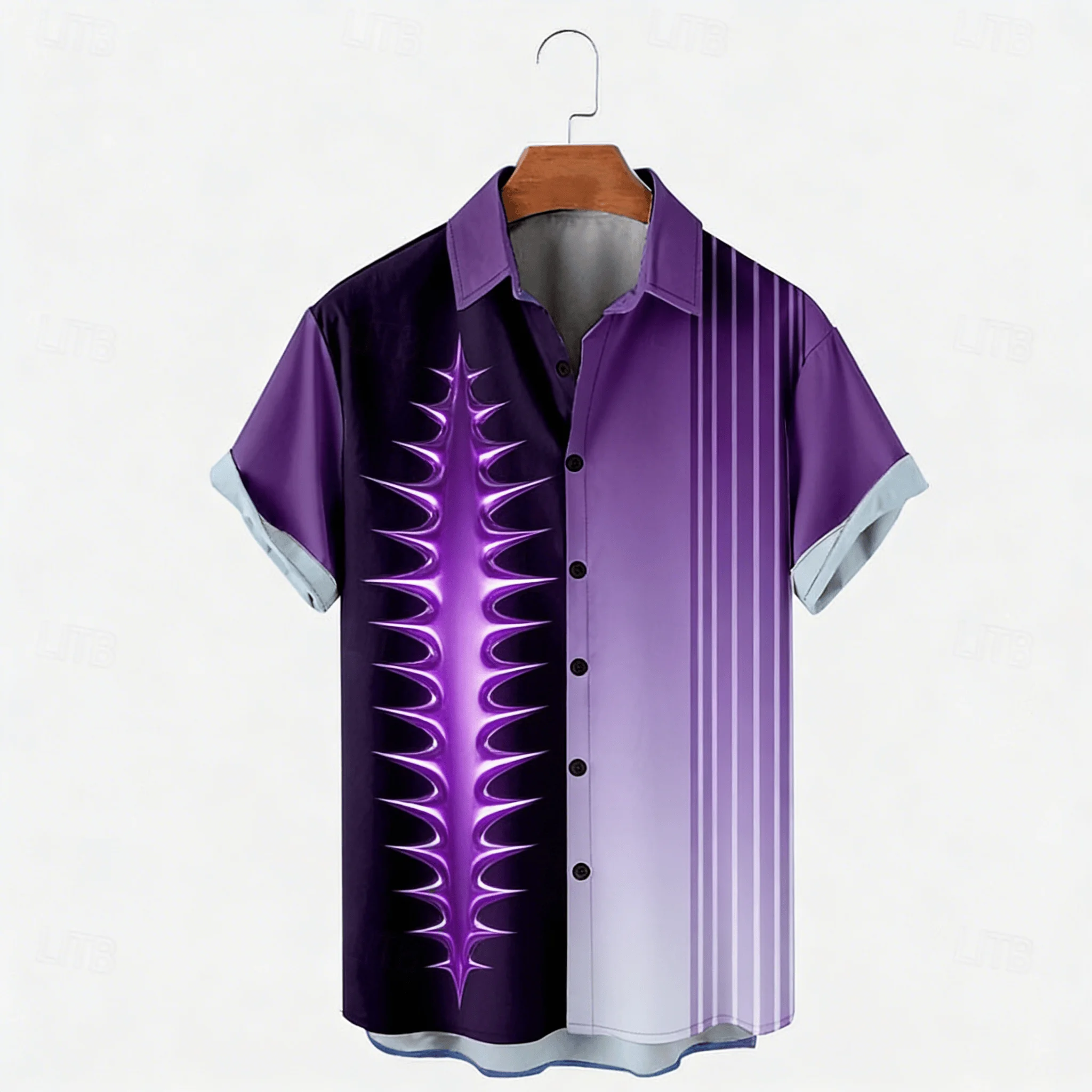 Retro Contrasting Vertical Stripe Gold Totem Short Sleeved Hawaiian Shirt with Line Design for Men's Loose Summer Daily Shirt