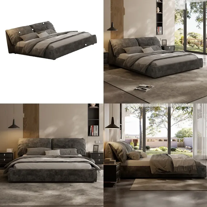 Italian Minimalist Elephant Ear Bed 1.8m Double Frosted Fabric Upholstered Soft Headboard Master Bedroom Furniture