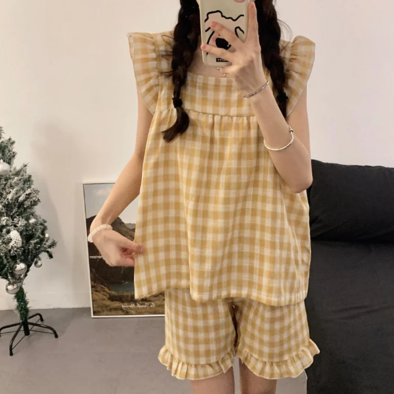 2 قطعة منقوشة الحمالات بيجامة مجموعات الصيف موضة عادية ساحة الرقبة سترة صغيرة تحلق كم ملابس المنزل النساء ملابس خاصة