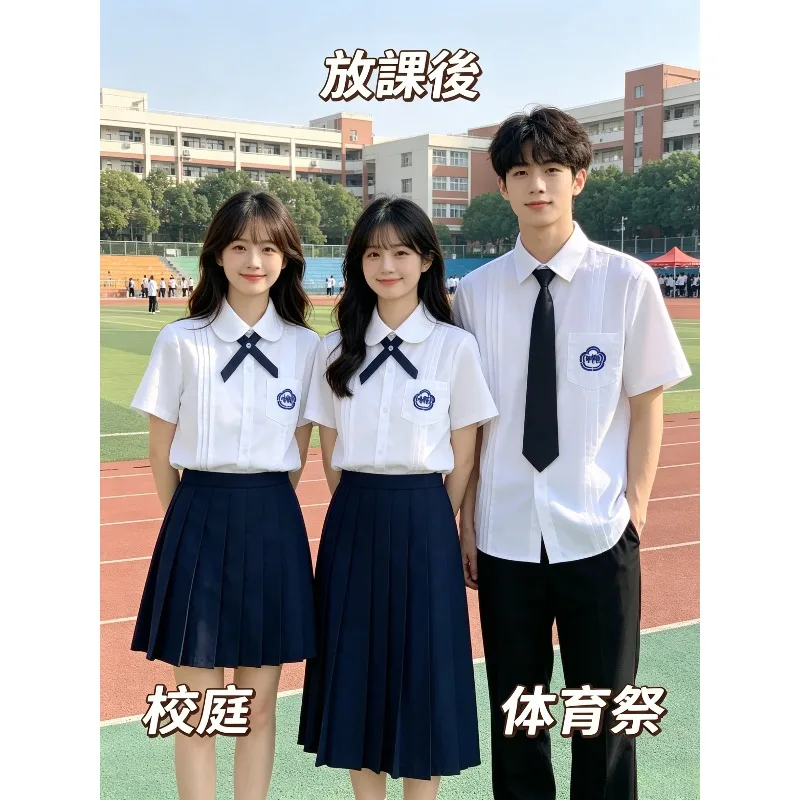 Japanese School Uniform Thai Short Sleeve Blouse Accordion Pleated JK Skirt Preppy Academy Unisex Student Daily Class Group Wear