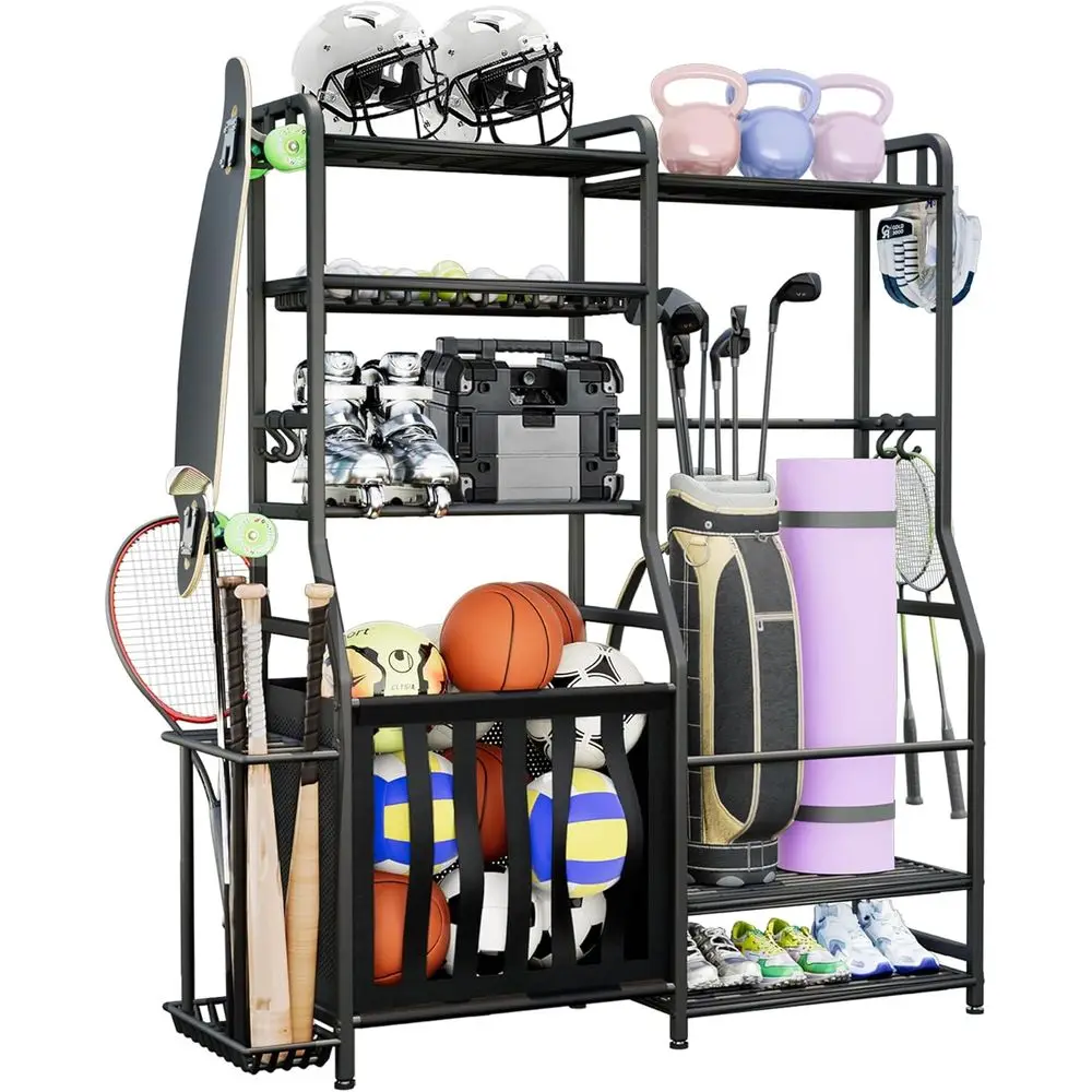 

Heavy-Duty Sports Equipment Organizer Rack with Basket and Hooks, Versatile Indoor/Outdoor Storage for Balls and Bags