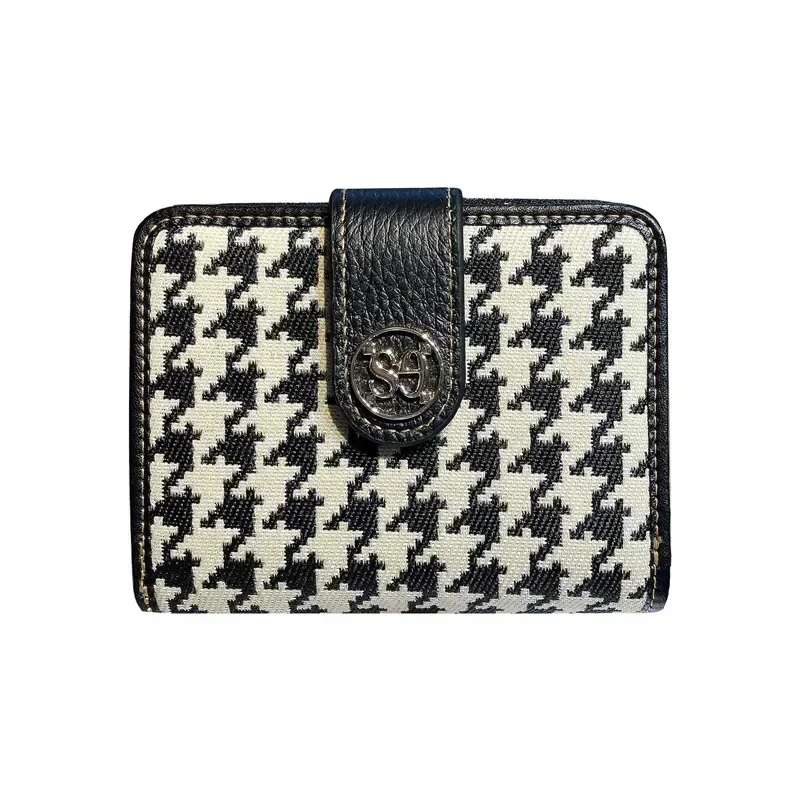 Women Canvas Genuine Cow Leather Short Wallet Card Holder Fashion Money Clip Coin Purse Money Clip Houndstooth Small Wallet 7Z