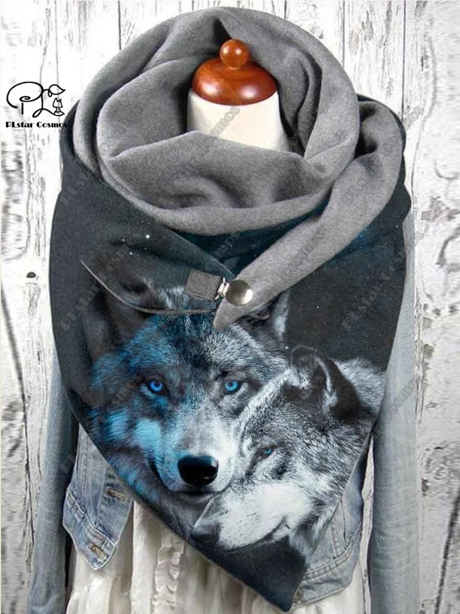 PLstar Cosmos 3D printed animal series cute wolf king pattern printed warm shawl scarf spring and winter large triangle scarf