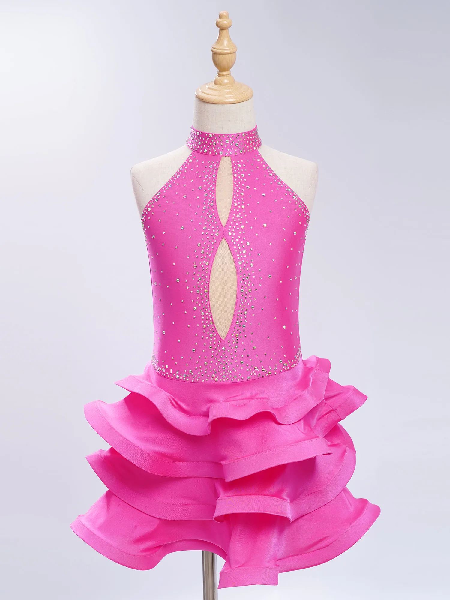 Crianças meninas moderna jazz dança tango traje de dança latina desempenho dancewear vestido sem costas brilhante strass em camadas vestido