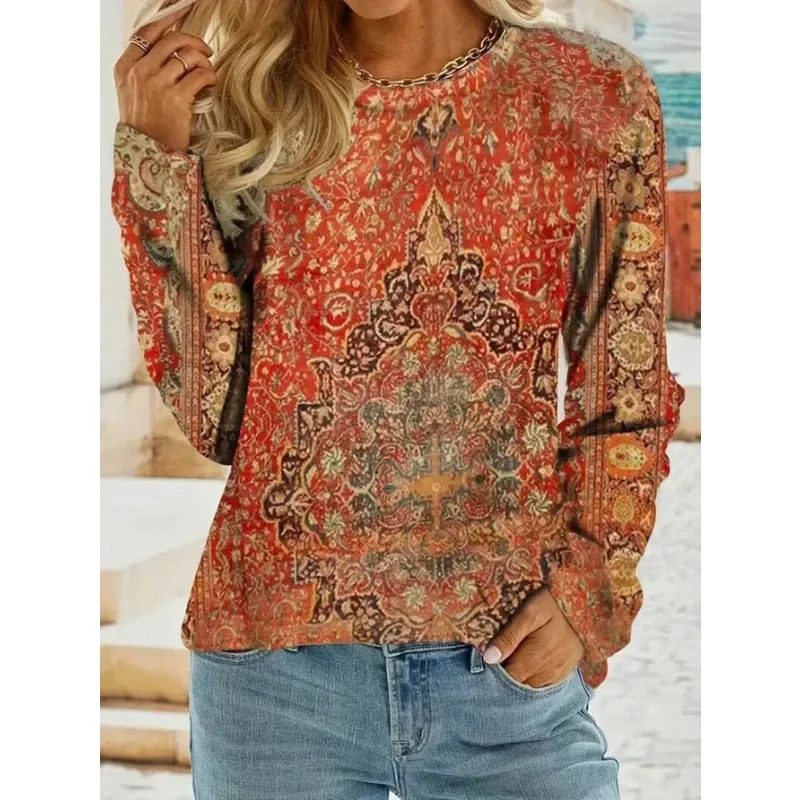 

Плюс размер 1XL-5XL женская повседневная осенняя новая модная удобная футболка с длинными рукавами и принтом с круглым вырезом