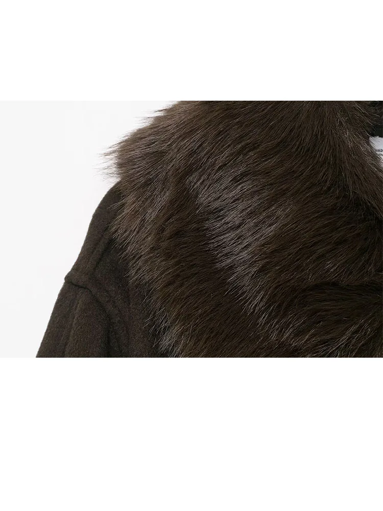 여성 겨울 인조 모피 효과 라펠 긴 소매 싱글 브레스티드 벨트 포켓 장식 코트 재킷 여성 캐주얼 코트