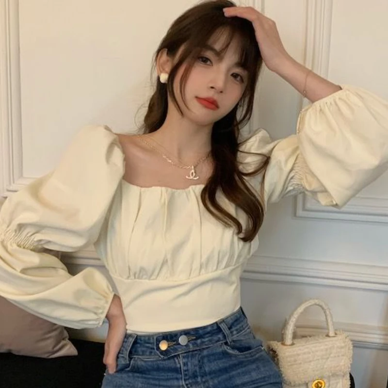 Puff Sleeve Blouses Women Solid Bandage Ulzzang Square Collar Crop Tops Simple Cozy Spring Sweet Casual All-match Students Chic