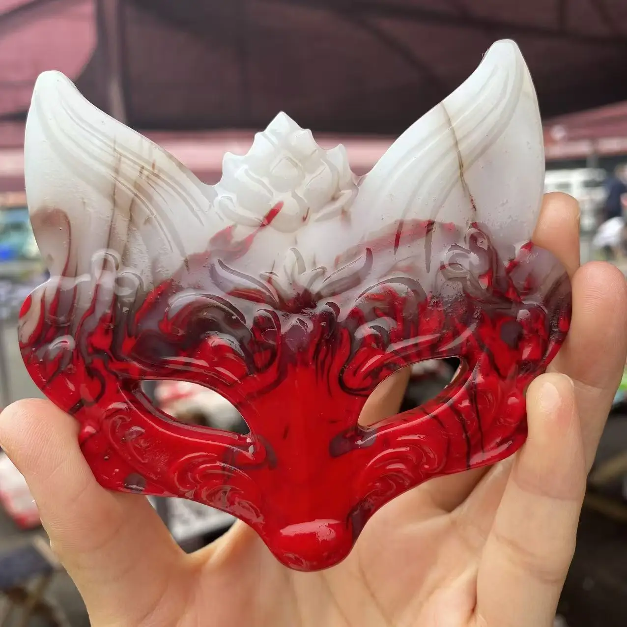 Natural Flame Agate Crystal Hand-Carved Fox Mask, With Healing Properties, As a Decorative Gift.