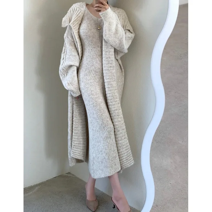 

Fashionable V-Neck Slim Fit Knitted Dress And Vest Two-Piece Set Long Sweater Outerwear for Women Autumn Winter Style