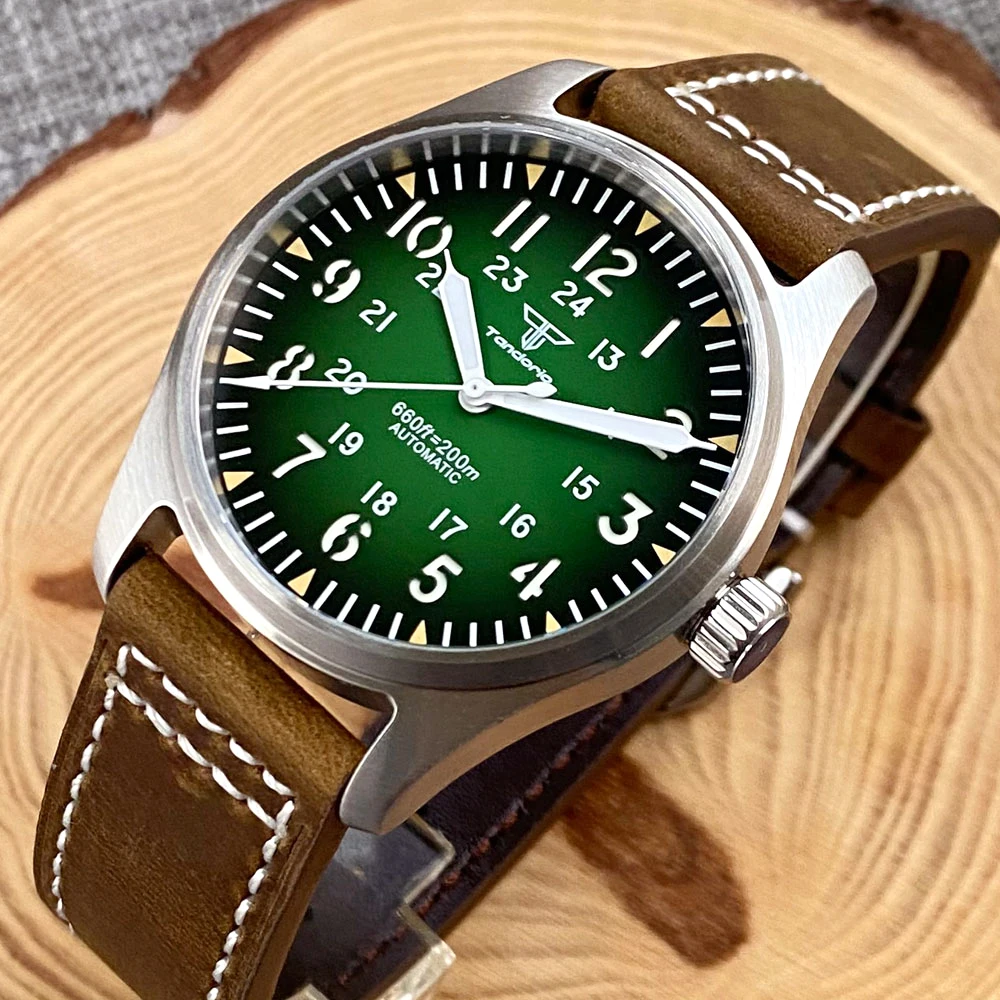 Tandorio Steel Pilot NH35 Dive Watch Men Sandwich Green/Blue Dial 200m Waterproof Wristwatch Steel Band Field Mechanical