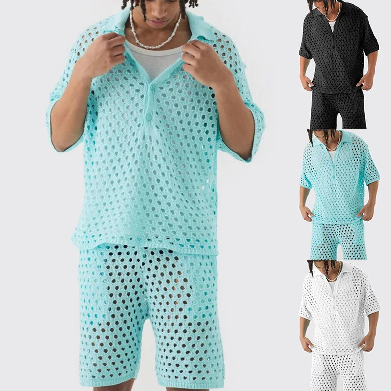 Spring Summer Solid Color New Casual Fashion Men's Clothing Button Knitted Top & Shorts Clothes Set