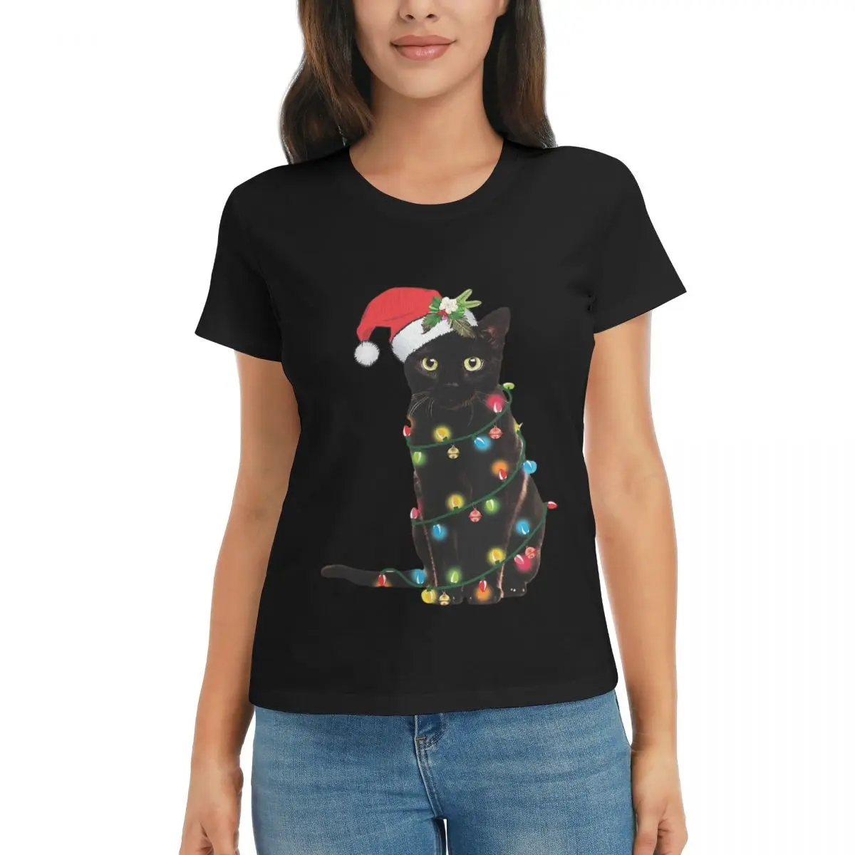 

Women T-Shirt Black Santa Cat Tangled Up In Lights Christmas Santa Short Sleeve Tees O-Neck T Shirts Clothes Tops Streetwear
