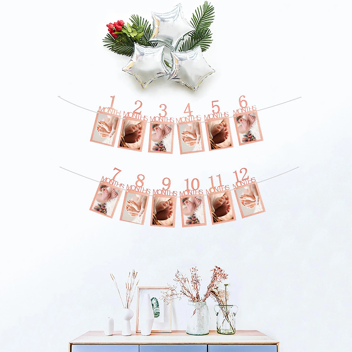 Rose Gold 1 to 12 Months Photo Frame Paper Banner 1st Birthday Party Decoration, 1 Year Old Baby Girl First Birthday Supplies