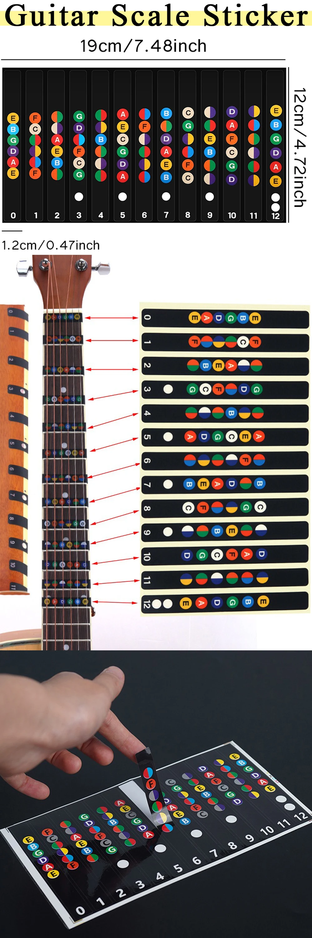 Schwarzer Gitarren-Skala-Aufkleber, 1/3/5 Blatt, Griffbrett-Notizen, Etiketten, Anfänger, Anleitung, Lernen, Gitarre, Unterricht, Hilfsbriefpapier ZYF – Detail 1