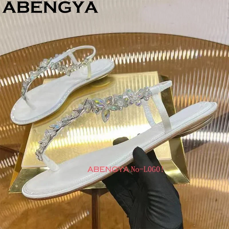 ABENGYA 2025 Summer New Women's Flat Flip Flops Beach Sandals European Style Casual Clip Toe Rhinestone Sandals Femme Slides