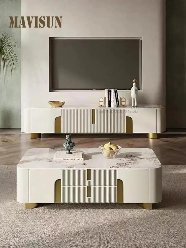 

Light Luxury TV Cabinet Rectangle Center Tables White Display Sideboard With Drawers Round Corners Coffee Table For Living Room