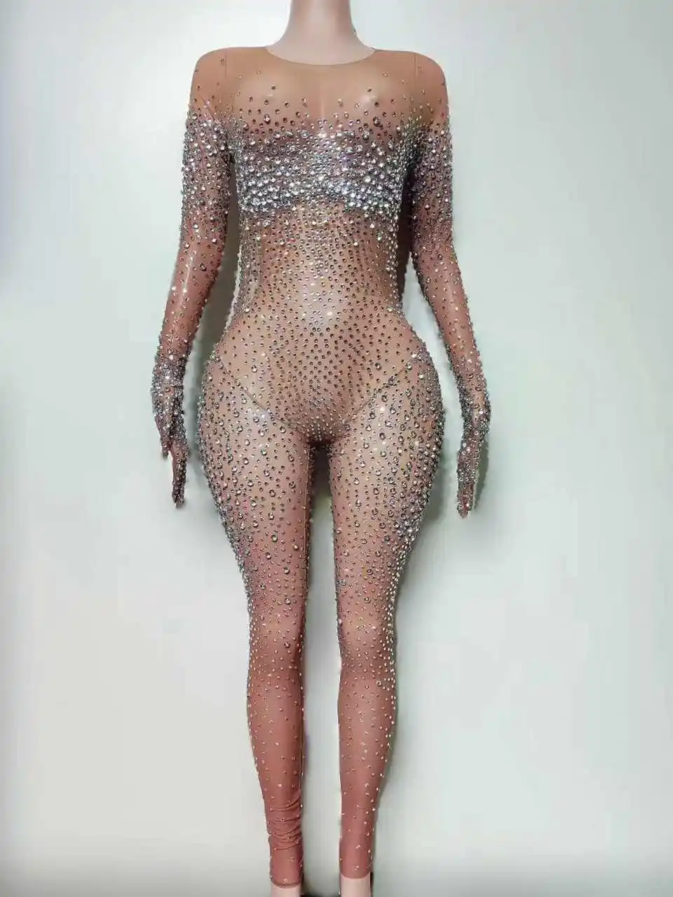 Sparkly Strass Mesh Transparent Overall Handschuhe für Frauen Sexy Geburtstag Party Outfit Tänzerin Show Strampler Bühne Tragen