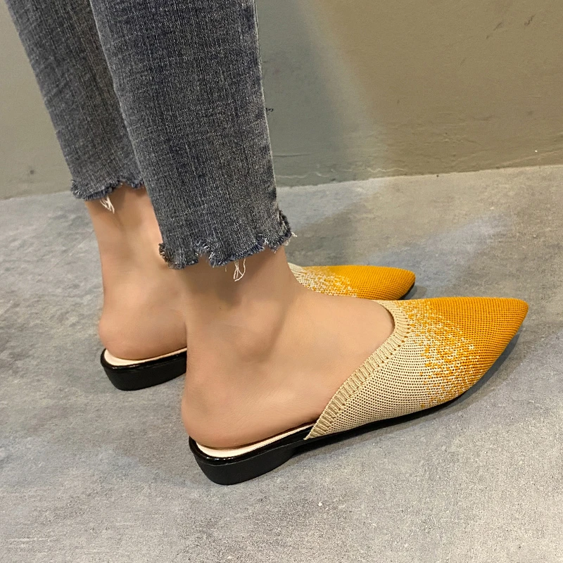 Summer Women Yellow Black Knitted Slides Mules New Elegant Mesh Breathable Med Heel Slippers Closed Toe Slides Party Shoes