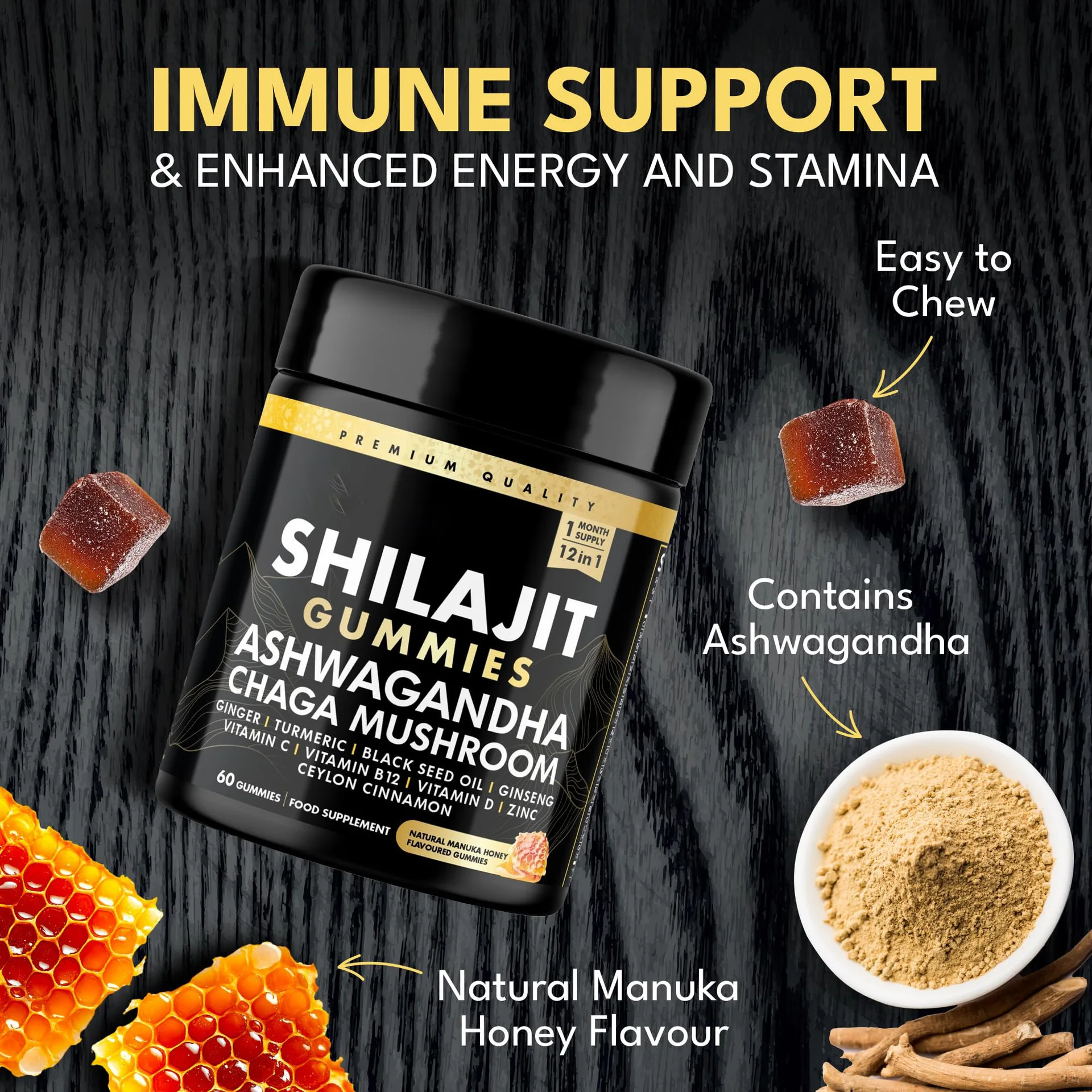 

12 In 1 Shilajit Gummies Sea Moss Ashwagandha Dietary Supplement 60 Soft Candy Boost Energy Improves Health