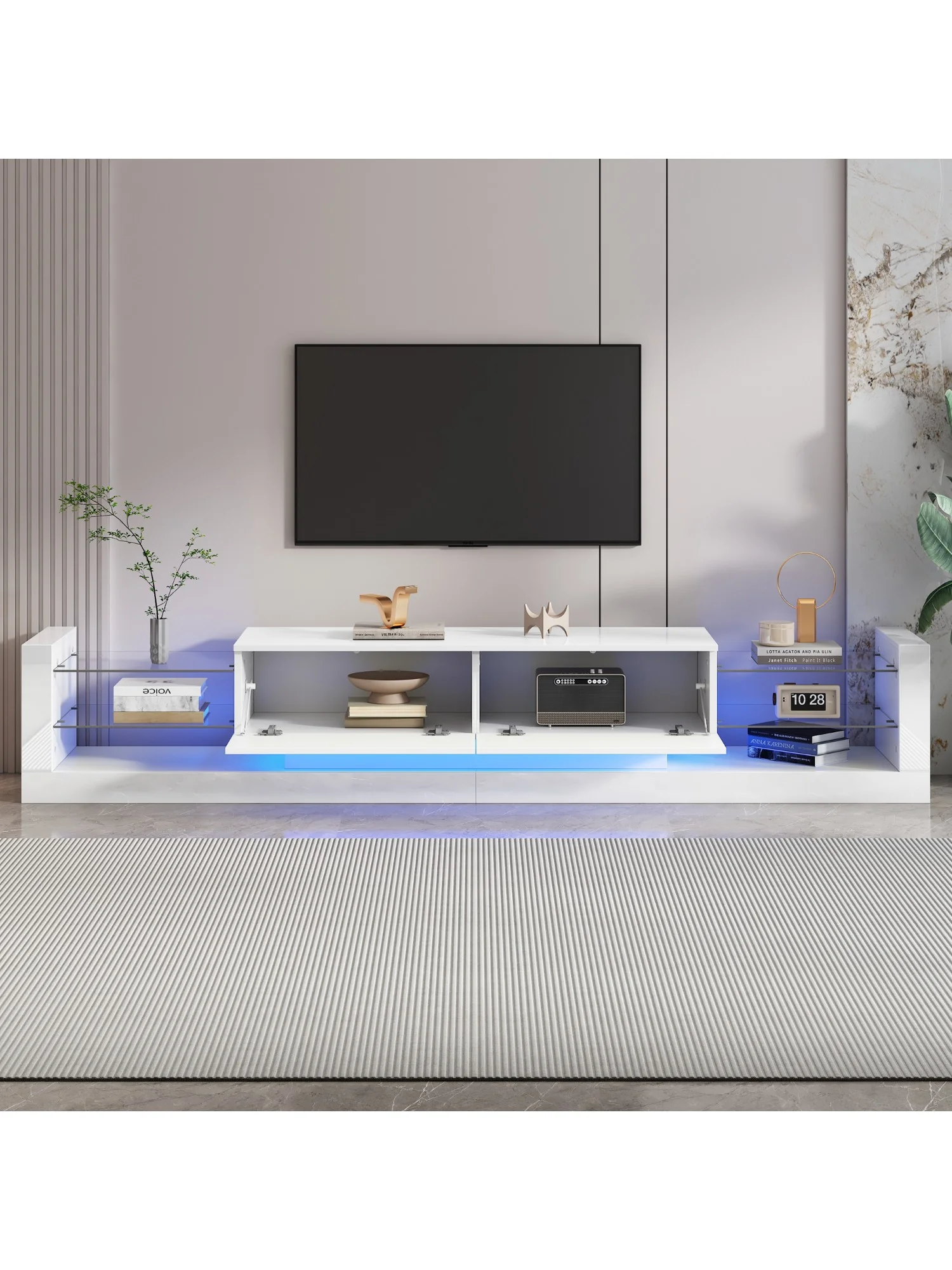 Hoogglans tv-meubel met LED-verlichting, 181 cm - Voor tv's tot 80 inch, glazen front, twee opklapbare laden - afbeelding 2