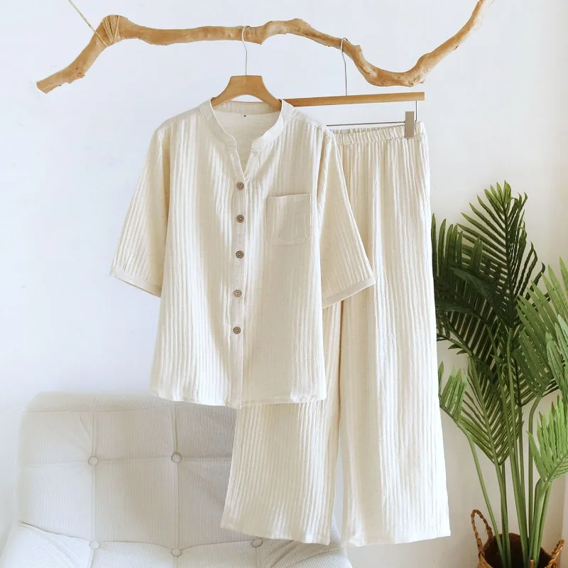 2026 Spring/Summer New Women's Pajama Set 100% Cotton Hemp Seven Sleeve+Pants Simple Large Home Furnishing Clothing