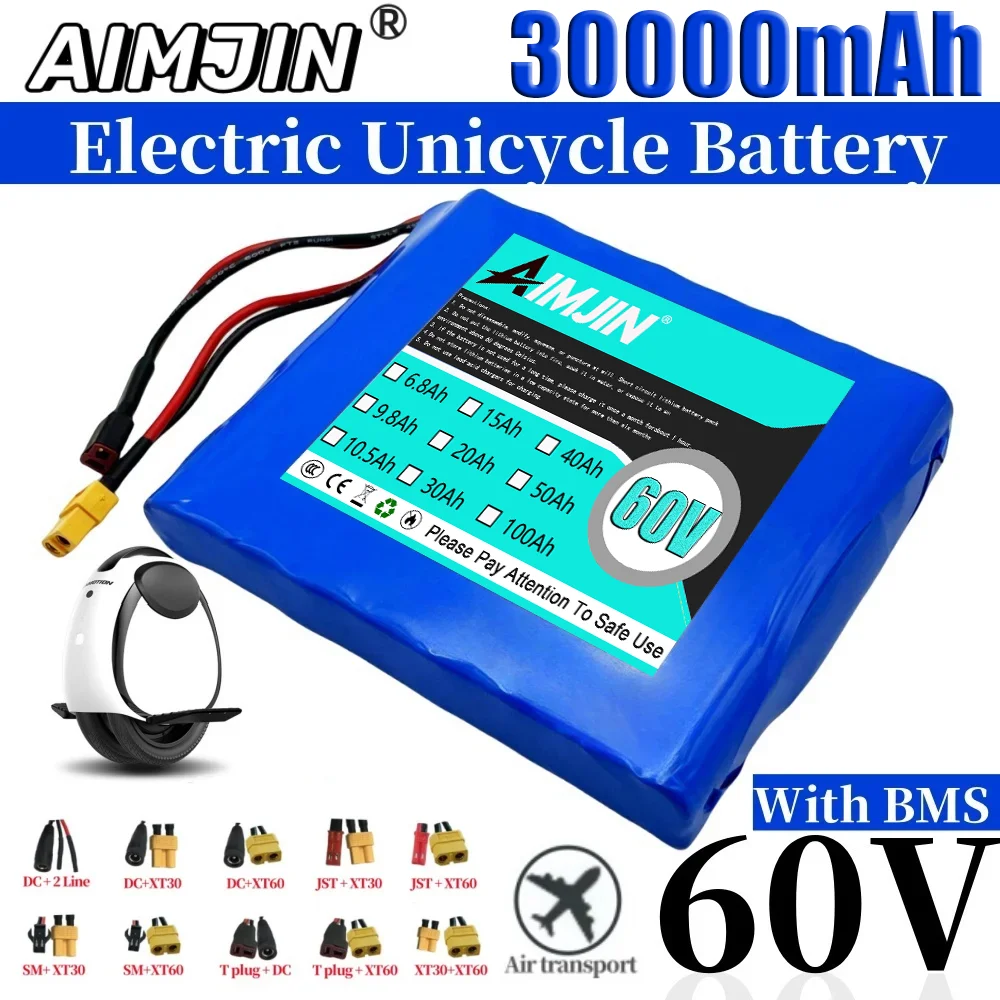 16S1P 60V 30Ah Rechargeable Battery Pack for Self-Balancing Scooter Electric Unicycle 18650B 30000mAh with BMS