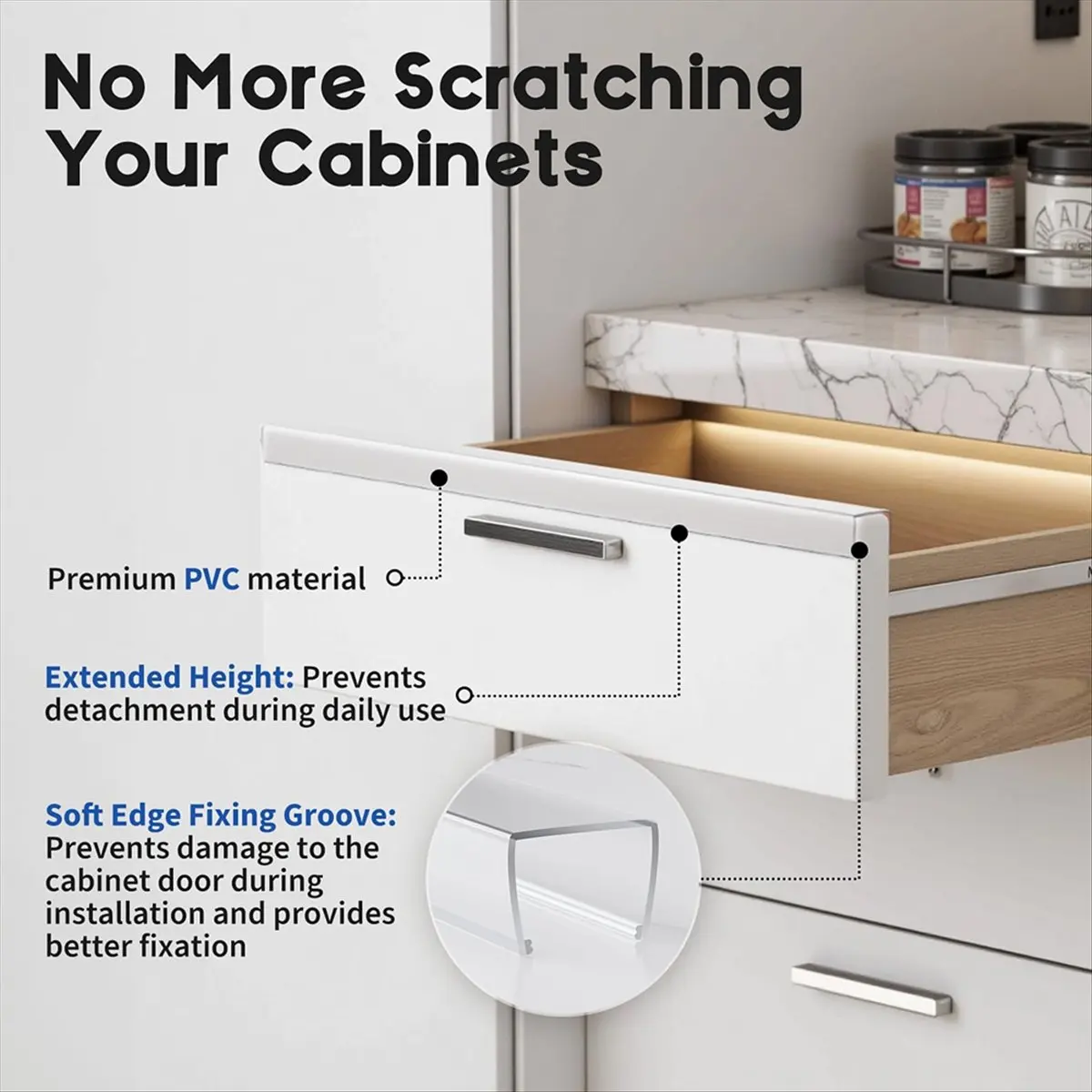 واقي حافة الخزانة (عبوة من 6 قطع)، واقيات حافة خزانة PVC شفافة مقاس 17.7 بوصة لأبواب خزائن المطبخ السميكة مقاس 3/4 بوصة
