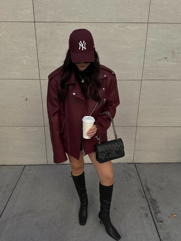 

Women Chic Retro Red Leather Jacket Fashion Loose Lapel Long Sleeve Zipper Pocket Short Jackets Lady Daily Commute Office Wears